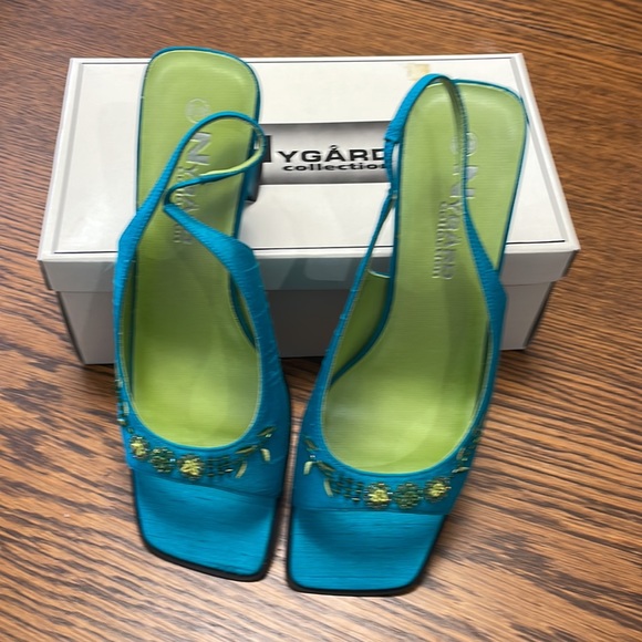 Vintage Nygard Sandals, Turquoise Linen Look Upper/Beaded Embellishment, NIB 8.5 - Picture 10 of 14